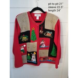 Lisa International Beaded Embroidered Christmas Full Zip Cardigan Sweater Size L
